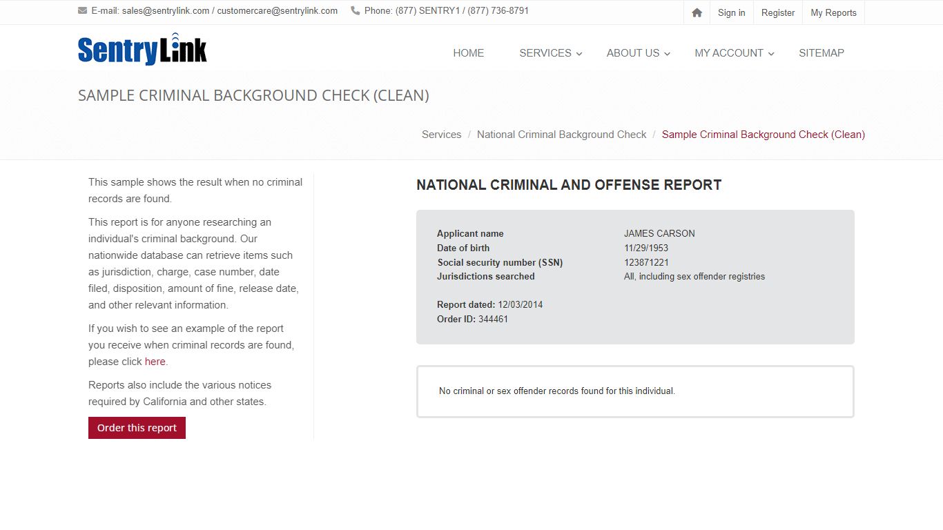 Sample Criminal Background Check (Clean) - SentryLink